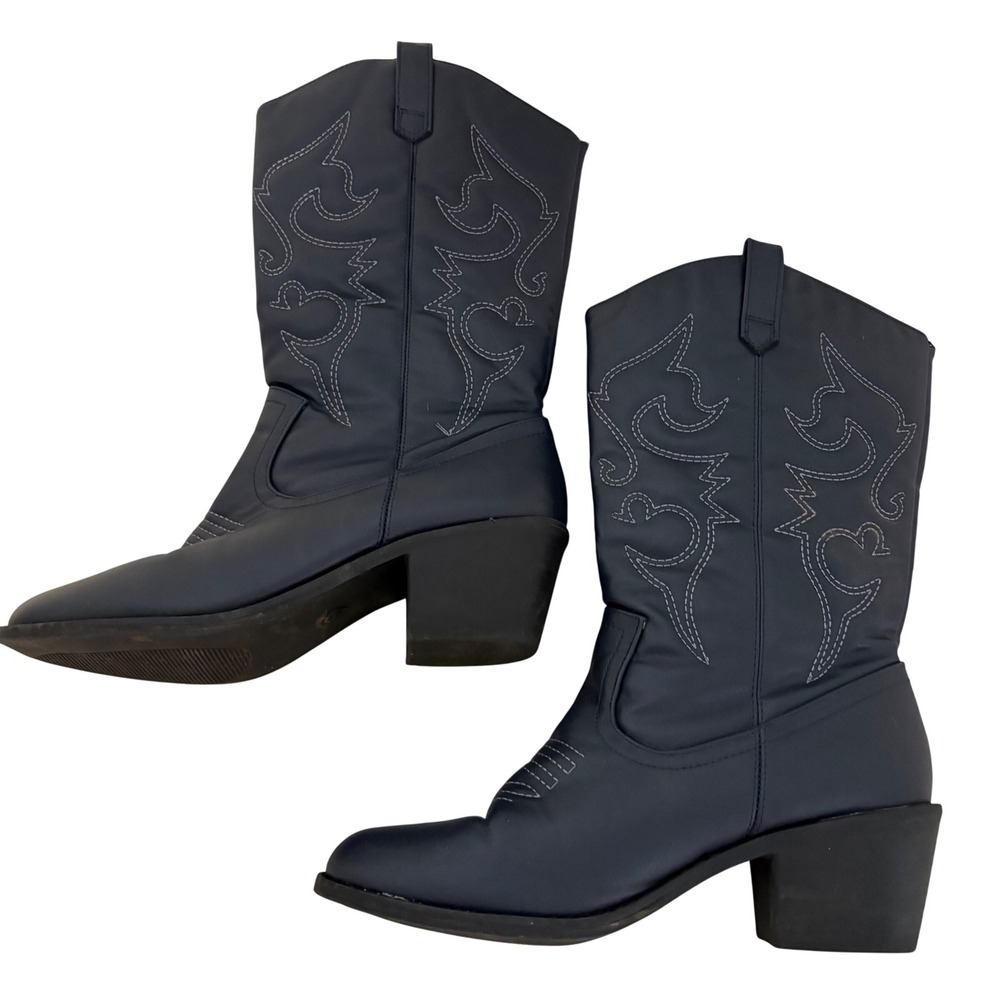 Navy Blue Western Cowboy Boots Faux Leather Pointed Toe Block Heel Mid Calf - Picture 2 of 11